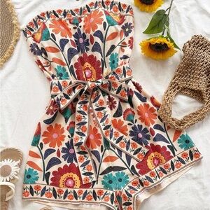 Floral Strapless Romper with Belt, Size L